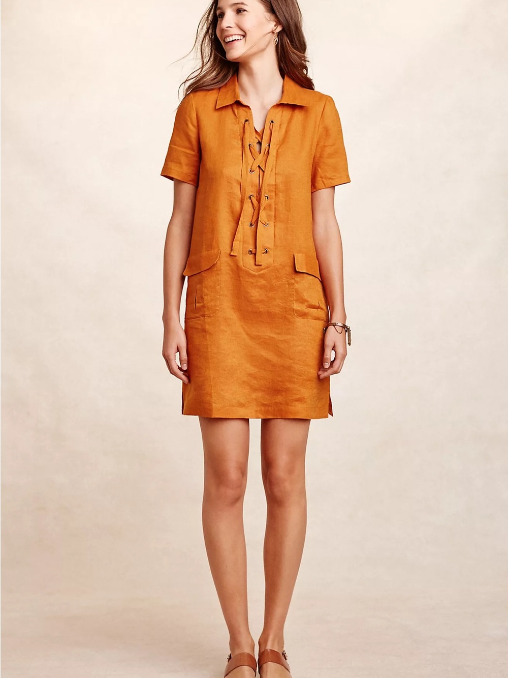 Maeve Anthropologie Lace Up Linen Shift Dress Mango Dark Orange Dress Sz US6